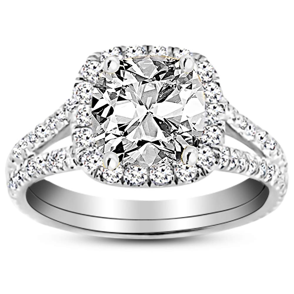 Houston Diamond District 14K White Gold 3.75 Carat LAB GROWN DIAMOND Split Shank Cushion Cut Diamond Engagement Ring (E-F Color VS2-SI1 Clarity 3 Ct Center)