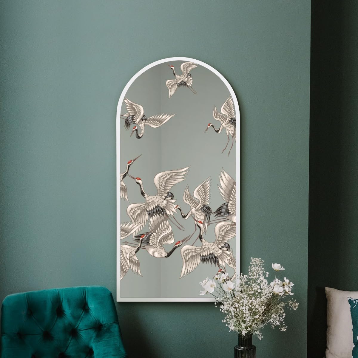 MirrorOutlet The Typis - White Metal Frame Edged Modern Round Arch Edge Wall Mirror With Colour Stork Printed Decal 47" x 24" (120CM X 60CM) Silver Mirror Glass with White Frame