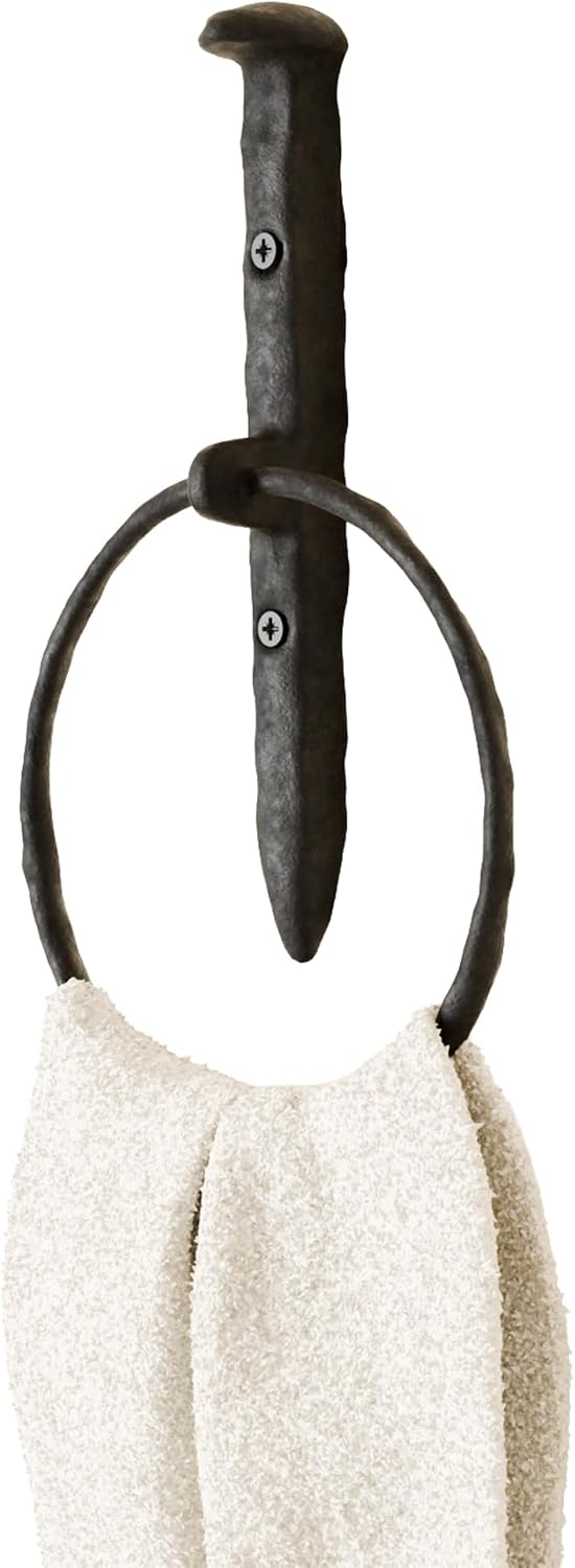 Rustic State Fred Wall Mount Railroad Spike Industrial Design Cast Iron Towel Ring with Hammered Effect Texture for Bathroom and Kitchen - Hand Towel Holder Hanger Rack - Black image 2