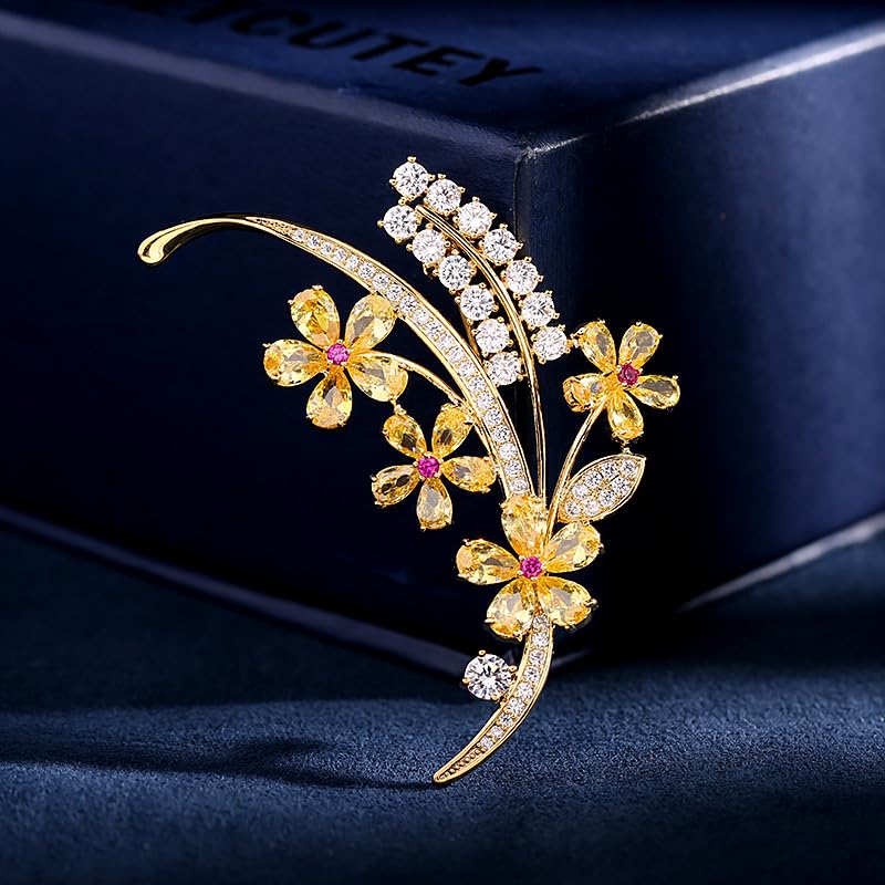 Image of 14K Gold Wheat Sheaf Brooch Embellished with Lustrous Colored Gemstone Flowers, Moissanite Accents Elevate its Elegance, Unique Botanical Jewelry Gift for Women