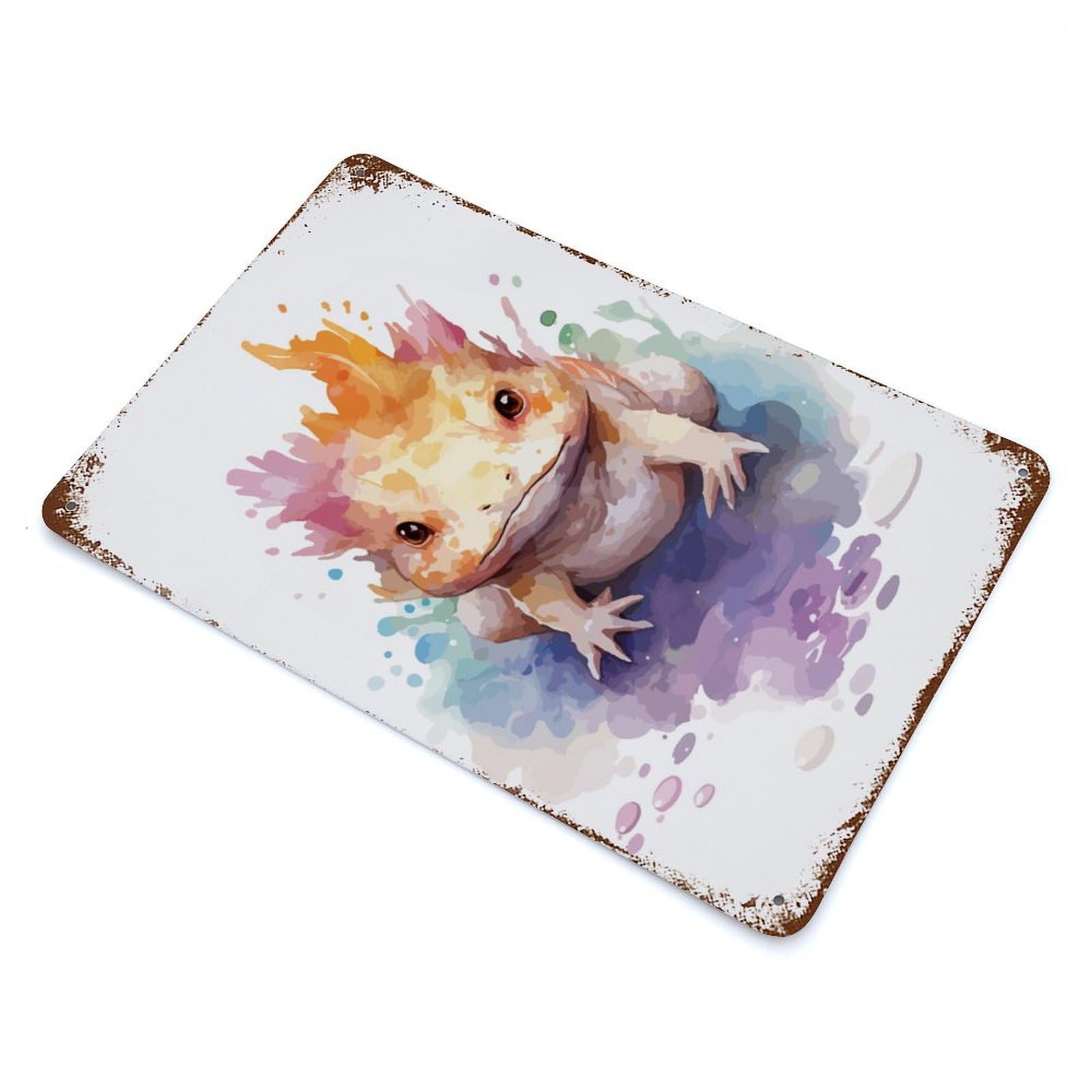Cute Axolotl Watercolor Aged Metal Wall Plaque 11.8"x7.9", Industrial Home Decor for Pub, Kitchen And Man Cave Decor