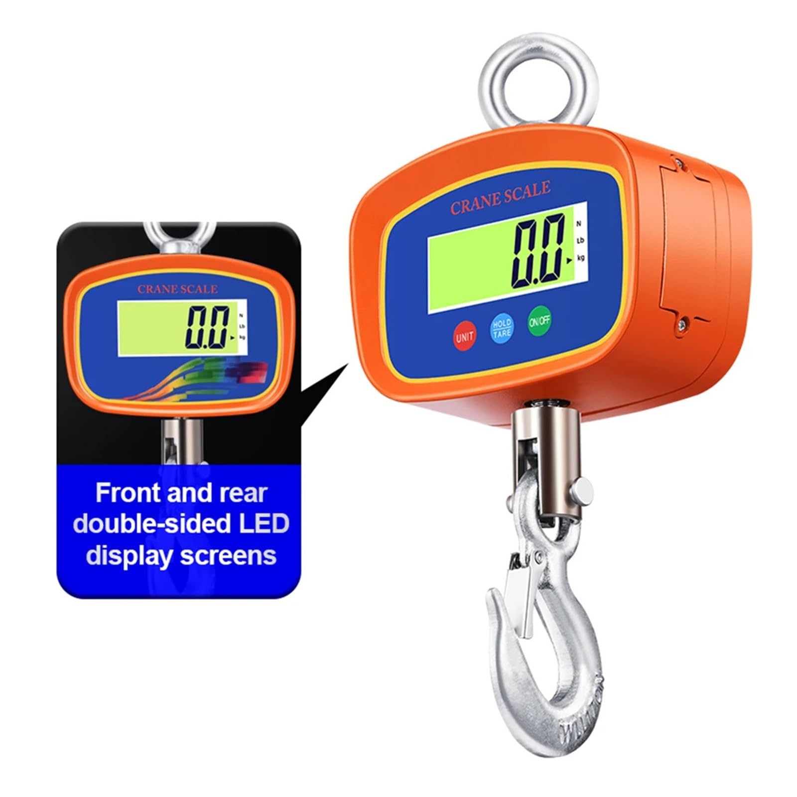 Báscula colgante digital de 1000 kg/500 g, báscula industrial con grúa y carcasa de aluminio, pantalla LCD retroiluminada, retención de datos, tara y cero Retención y tara