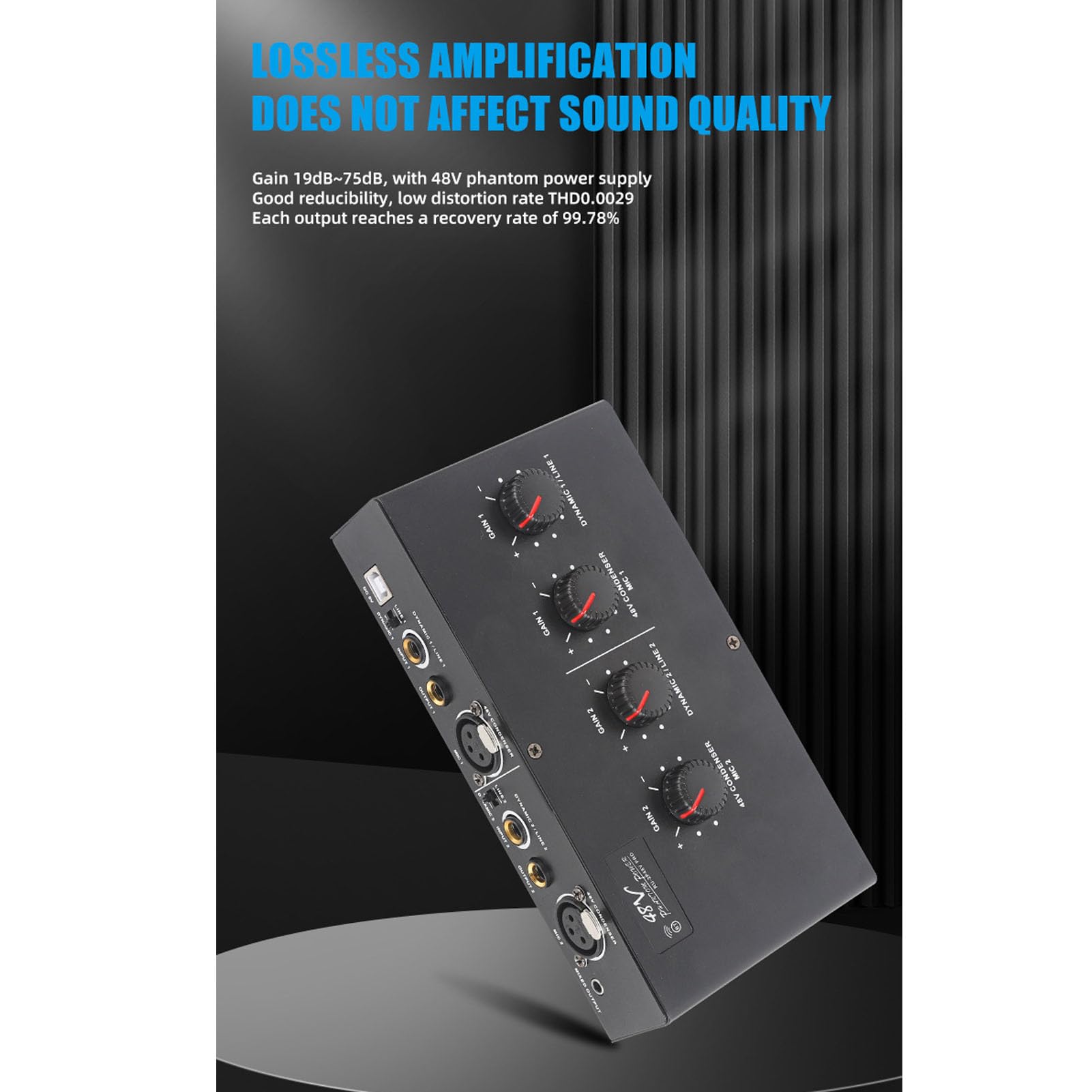 Jeffergarden 2-Kanal-Mikrofonverstärker, USB-betrieben, Phantomspeisung, Ideal für Dynamische und Kondensatormikrofone, 48 V Spannung, Geeignet für Studios und Musiker