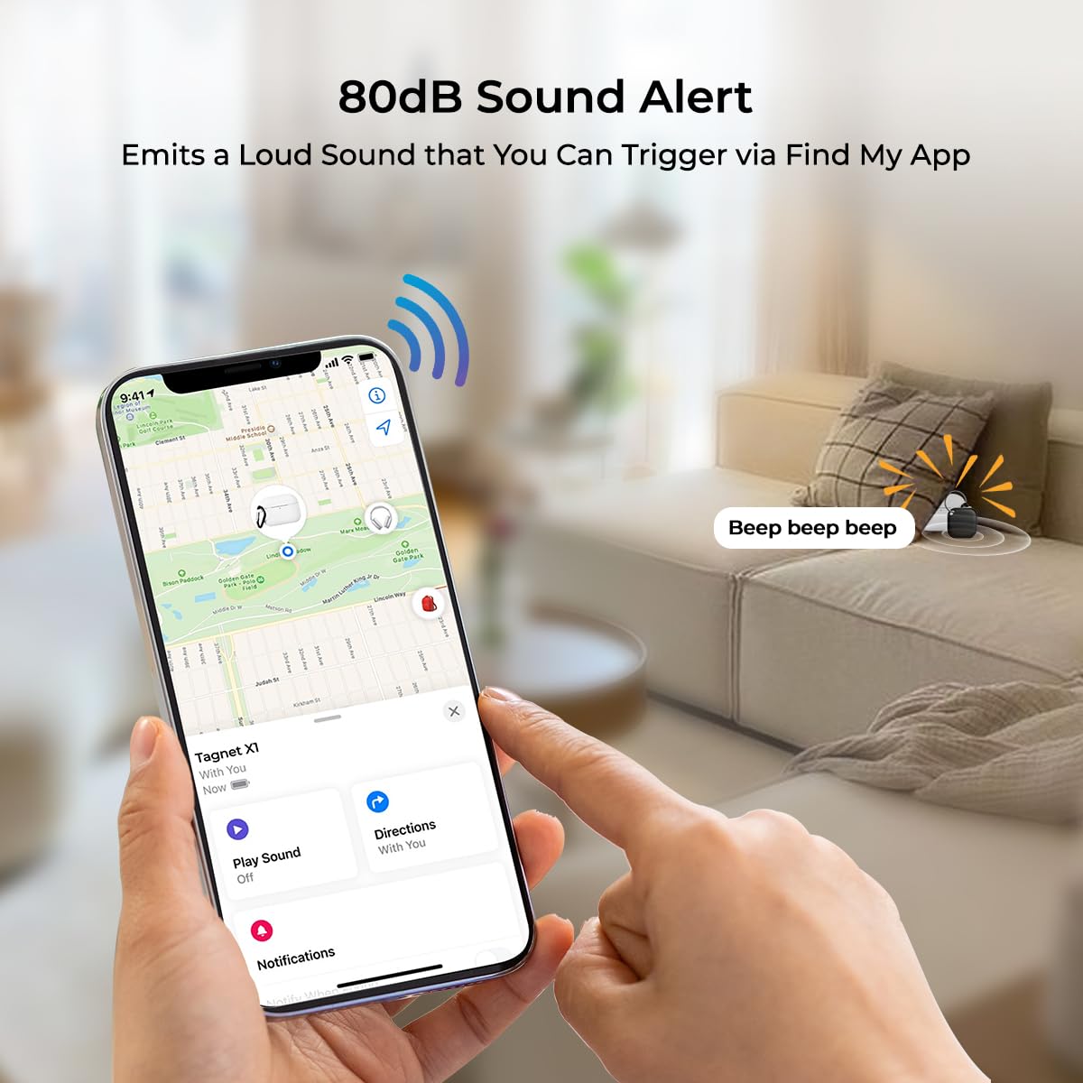 iPhone screen showing the Find My app with an option to play a sound from the pTron TagNet X1, which is emitting a 'beep beep beep' sound.
