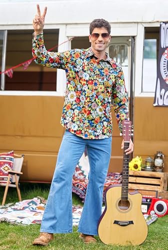 Mainfini Man 70S Button Down Shirt Geometric Long Sleeve Dress Shirt Retro Hippies Shirt Flower Printed Costume Xxl thumb #6