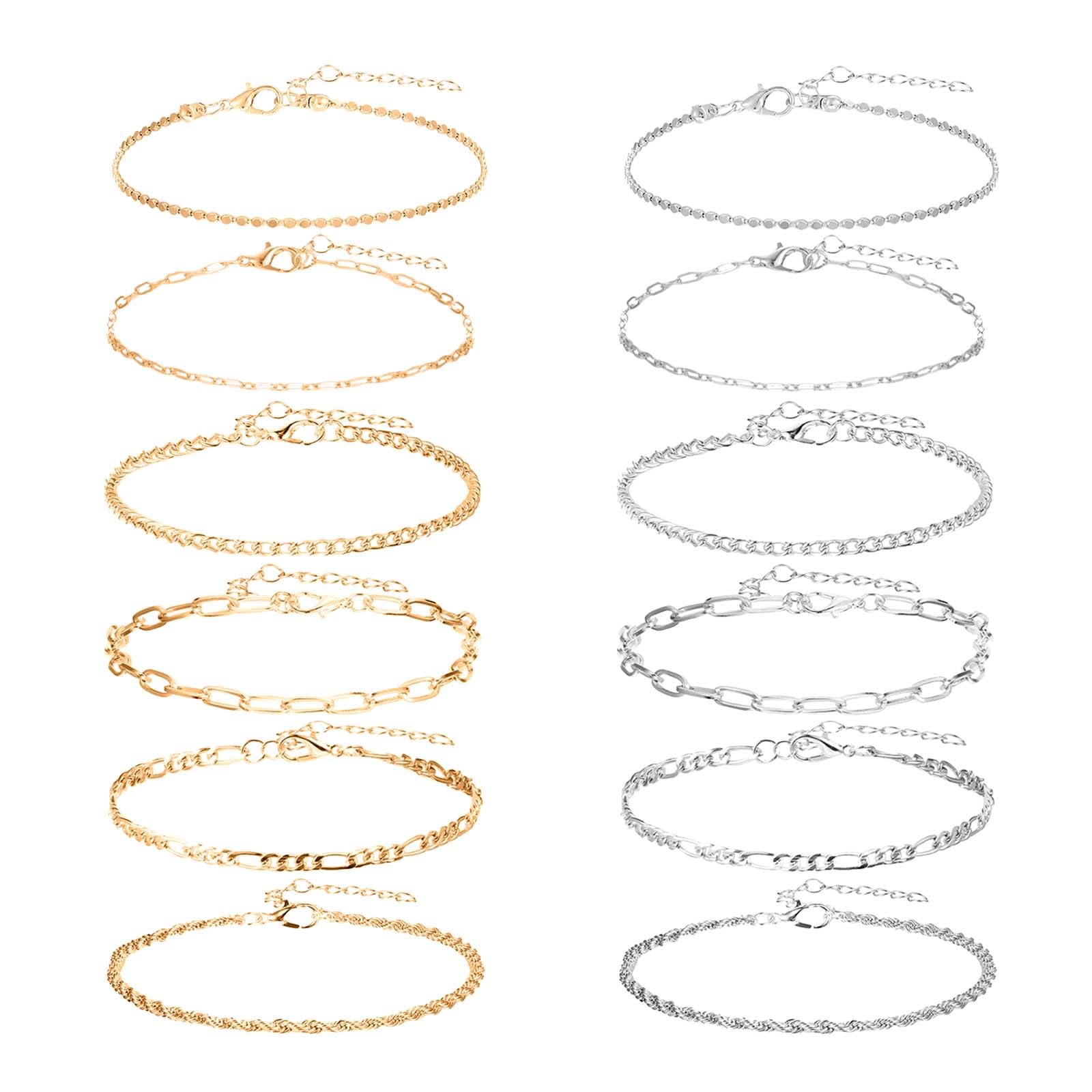 Ankle Bracelets for Women 12 Pcs Gold/Silver Plated Layered Cuban Link Chain Anklets Set Dainty Ankle Bracelet Summer Boho Jewelry Waterproof Anklets for Women Adjustable Size