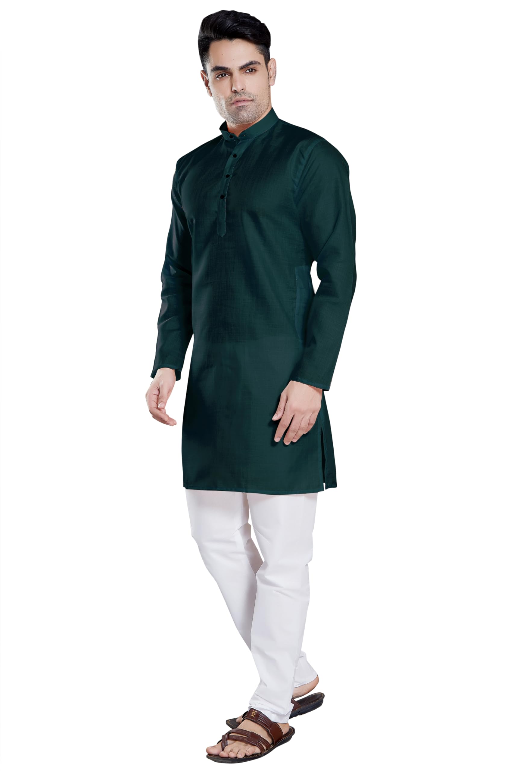 Divisive Men's Plain Cotton Blend Linen Slim Fit Kurta Pyjama Set (Dkrt58_L_Bottle Green)