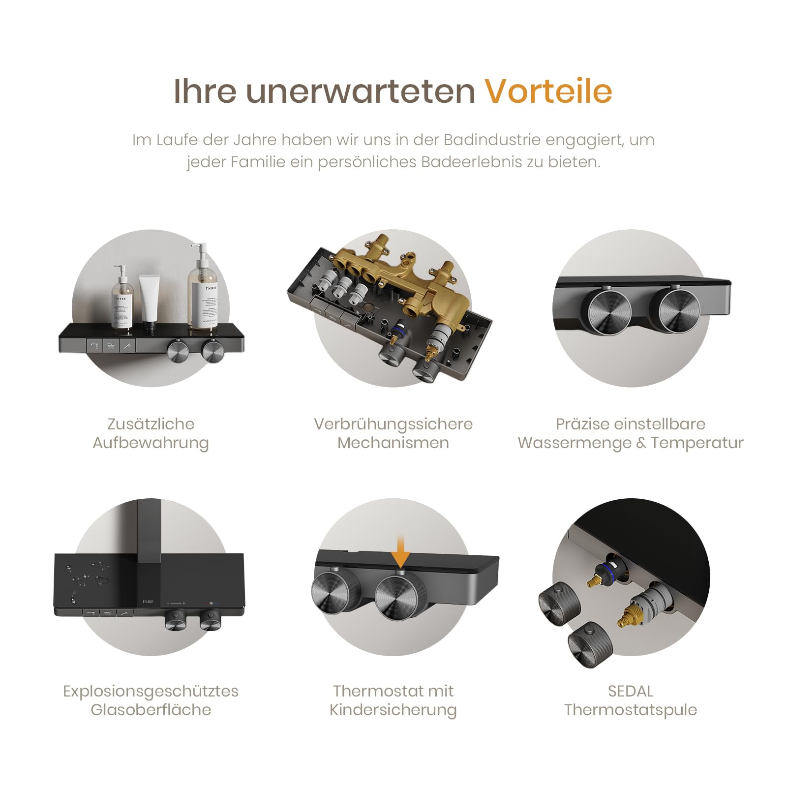 EMKE Duschsystem mit Thermostat, Anthrazit Matt, Einstellbarer Durchfluss Duschsystem Regendusche, Duschgarnitur mit 36x24 cm Regendusche, Duschset mit einstellbarer Wassermenge, 4-Strahl Handbrause