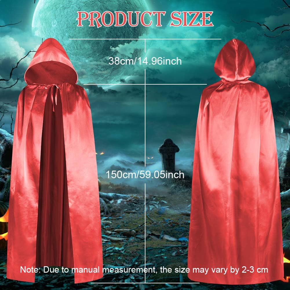 Aomig Red Hooded Cloak Long Cape Grim Reaper Vampire Witch Carnival Halloween Adult Wizard Costume Wizard Cape Fancy Dress Costume Cosplay(150cm/59in) - Image 3