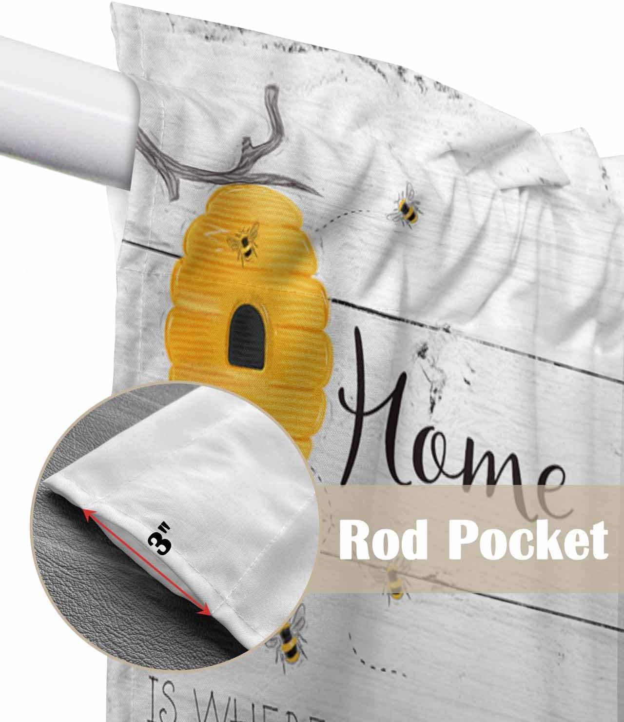 Bee Theme Swag Valance Curtains - Rustic Wood Rod Pocket Kitchen Curtains, Scalloped Window Treatment Valances, 1 Pair, 36"W x 36"L