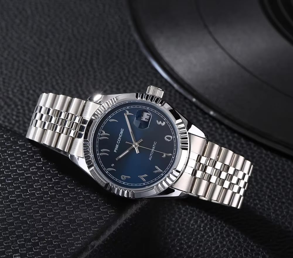 Boyarca Luxuriöse mechanische Stahluhr mit arabischen Ziffern, Automatikwerk, Urdu-Ziffern, 38mm Herrenarmbanduhr mit leuchtender, wasserdichter Datumsanzeige