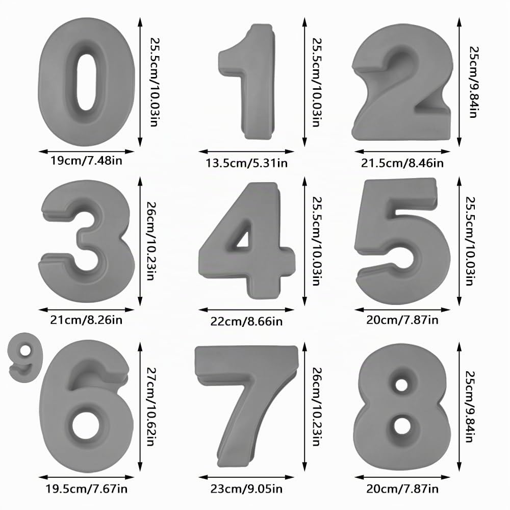 Lot de 9 ÉPAISSI Grand Nombre de Silicone Moule à Gâteau Silicone Numéro 10 Pouces Anniversaire Mariage Fête Vacance Grise