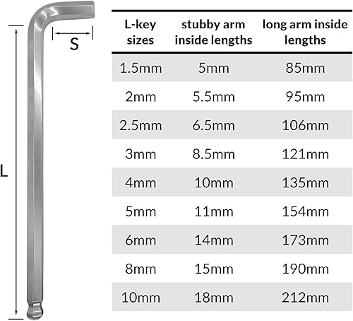 Miniatura 6 de NordWolf Juego de 9 llaves Allen métricas de extremo de bola de brazo extra largo llaves hexagonales de grado industrial hechas de acero S2 tamaños