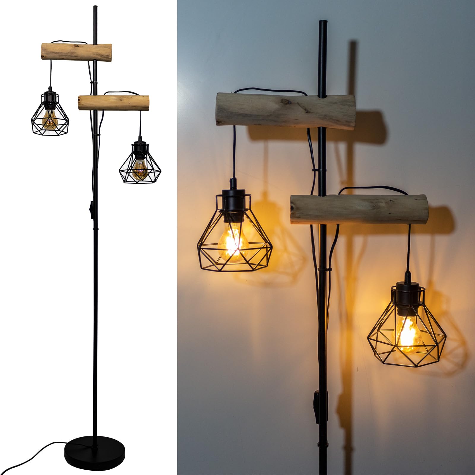Osasy Stehlampe aus Holz & Metall, 2-fach unabhängige Steuerung Stehleuchte,Dekolampe fürs Wohnzimmer 169cm Standlampe Höhe