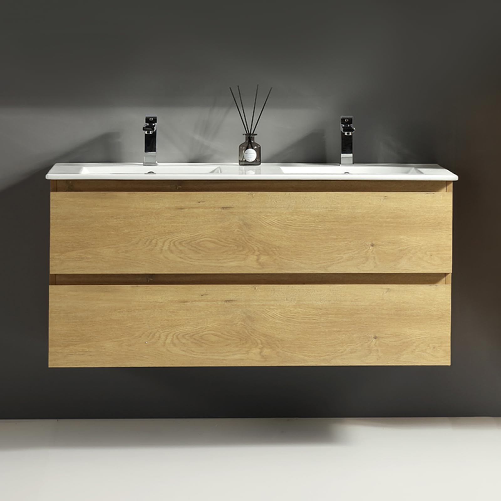 Alpenberger Waschtisch mit Unterschrank 120 cm Breit | Badezimmerschrank Badezimmermöbel Doppelwaschbecken | Waschbeckenunterschrank mit Waschbecken | Doppelwaschtisch (Vivento 120 Eiche Natur)