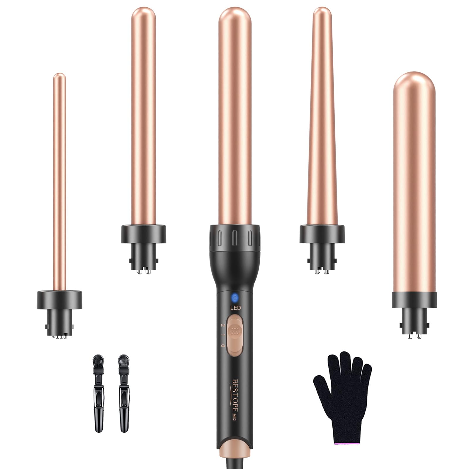 5-in-1 Curling Iron Ceramic Curling Iron Set with Various Attachments for Large and Small Curls, 9-32 mm Quick Heating, 2 Adjustable Temperatures for Long Short Hair