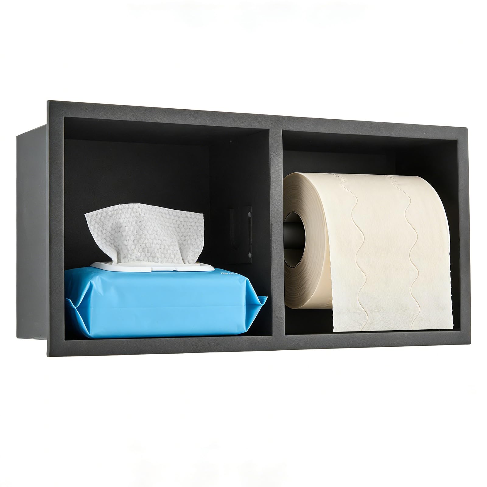 Portarrollos Papel Higiénico Empotrado, Acero Inoxidable 304 Portarrollos Grueso Mueble Baño Nicho Pared 31×15×10Cm con Borde Enrollado 1 Cm Estante Pared Papel Higiénico (Negro, A)