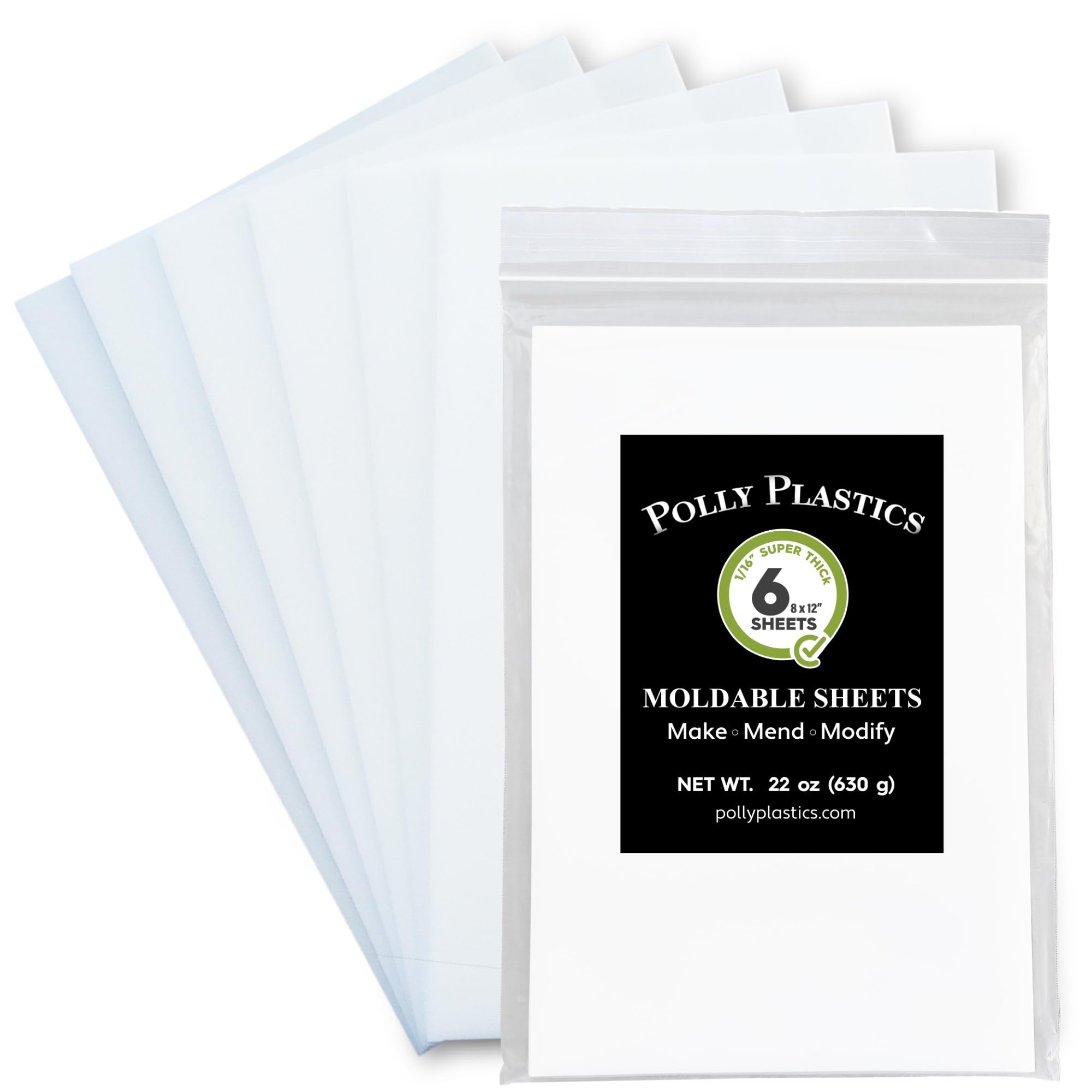 Polly Plastics Heat Moldable Plastic Sheets | 8-inch x 12-inch x 1/16-inch | Made in The USA | for Cosplay, Crafting, and Art Projects | Paintable (6 Sheets)