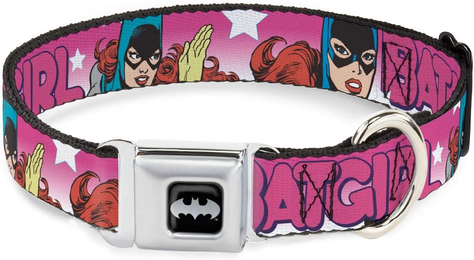 Buckle-Down Seatbelt Buckle Dog Collar - BATGIRL Bubble Letters w/Stars Pink/White - 1.5" Wide - Fits 13-18" Neck - Small