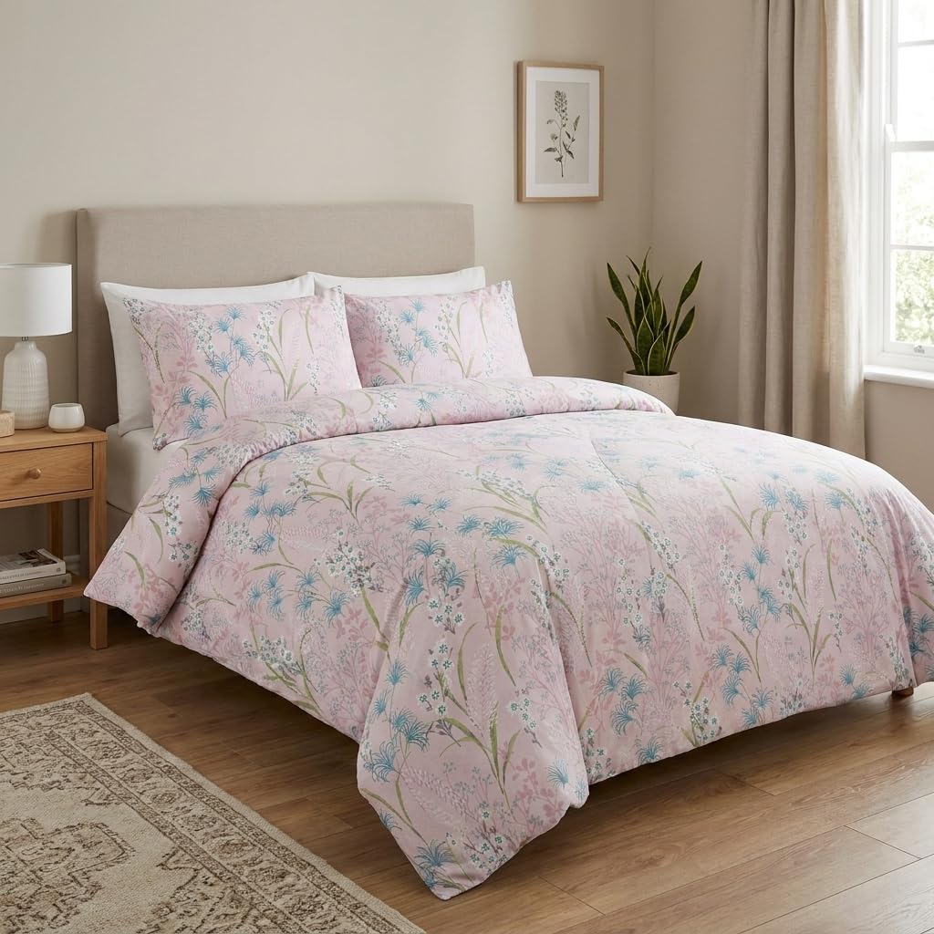 M&J Home 2 Piece Single Duvet Cover Set, Floral Multi Lilac, Polycotton Blend 132 Thread Count, OEKO-TEX Certified, Button Closure, Easy-Care, Includes Duvet Cover & Pillowcase
