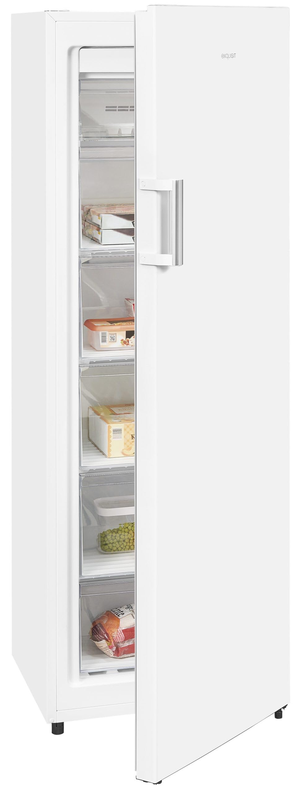 Exquisit® Congelador Vertical, 194L, Clase E, Color Blanco, 1 Puerta, 5 Cestos, Estante de Cristal,Tecnología No-Frost, Cajón XL, Altura Regulable, Consumo 219 kWh/año, Medidas 169,5x56x56,5 Cm.