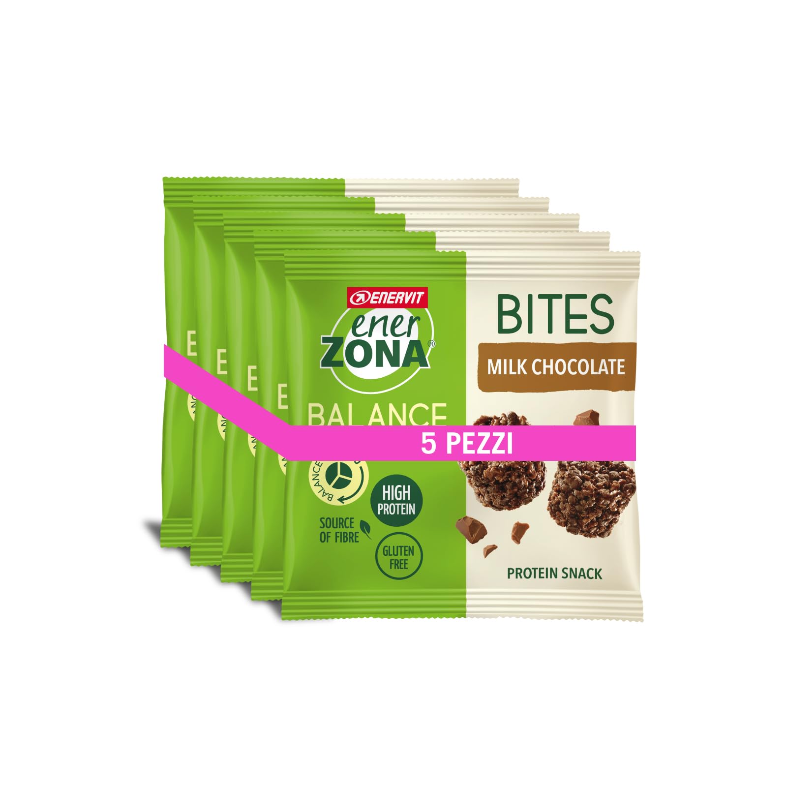 Enervit, Bites con Cioccolato al Latte, 5 Minipack da 24 Grammi, Porzioni Monodose, per Mantenere il Tono Muscolare, con Proteine della Soia e Fibre, 100% Vegetale, Senza Glutine e Olio di Palma