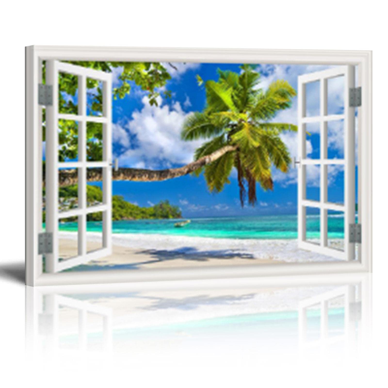 HOLEILUCK 3D Seascape Beach Fake Windows Canvas Print Wall Art Large Wall Pictures for Living Room Stretched and Framed 95x70cm/38x28in With Frame — image 1