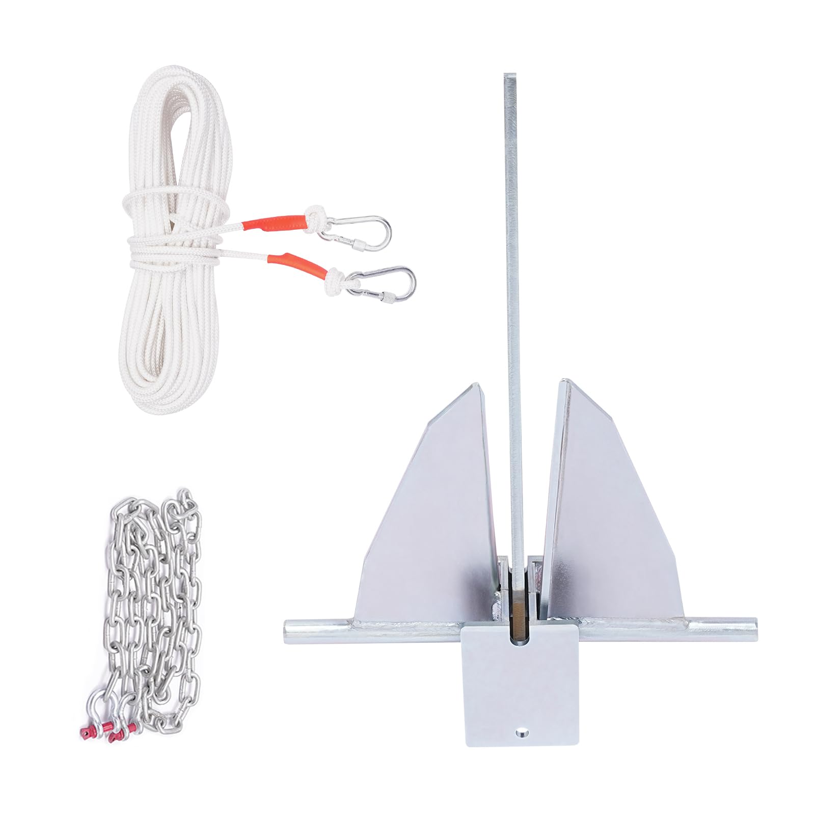 Heavy Boat Anchor Kit Fluke Anchor, Portable Galvanized Fluke Style Anchor Kit, Includes 13 LBS Boat Anchor, 6.6FT 1/3'' Chain, 98FT 8/17'' Nylon Rope |Hooks & Loops | for Different Size Boats Pontoon