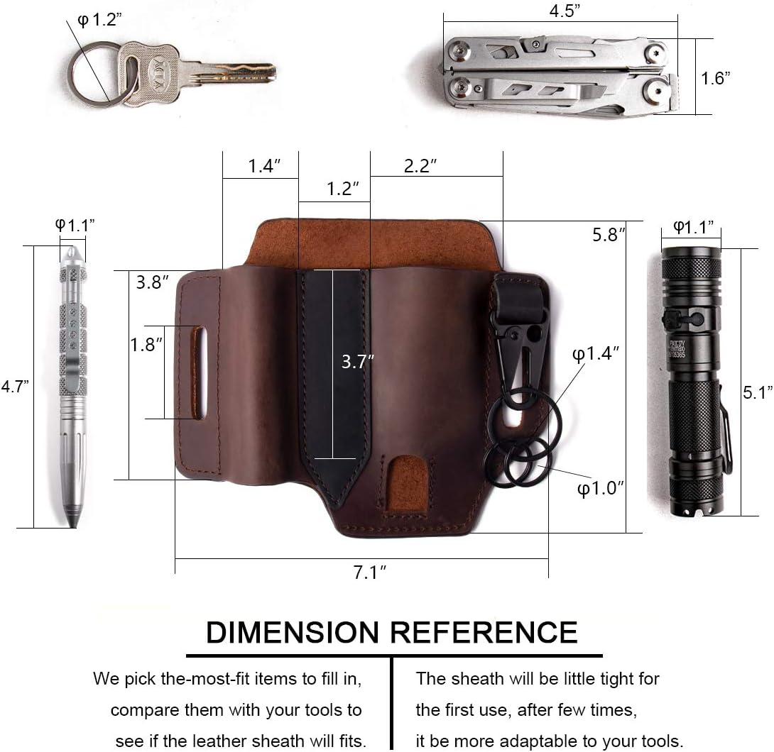 Gentlestache Multitool Sheath for Belt, Leather EDC Pocket Organizer for Men, Leatherman Sheath with Pen Holder, Key Fob, Flashlight Sheath, EDC Leather Pouch Dark Brown