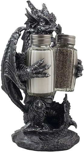 Miniatura 3 de Home-n-Gifts - Juego de salero y pimentero de dragón mítico con figura de soporte para decoración medieval y de fantasía o mesa de cocina,