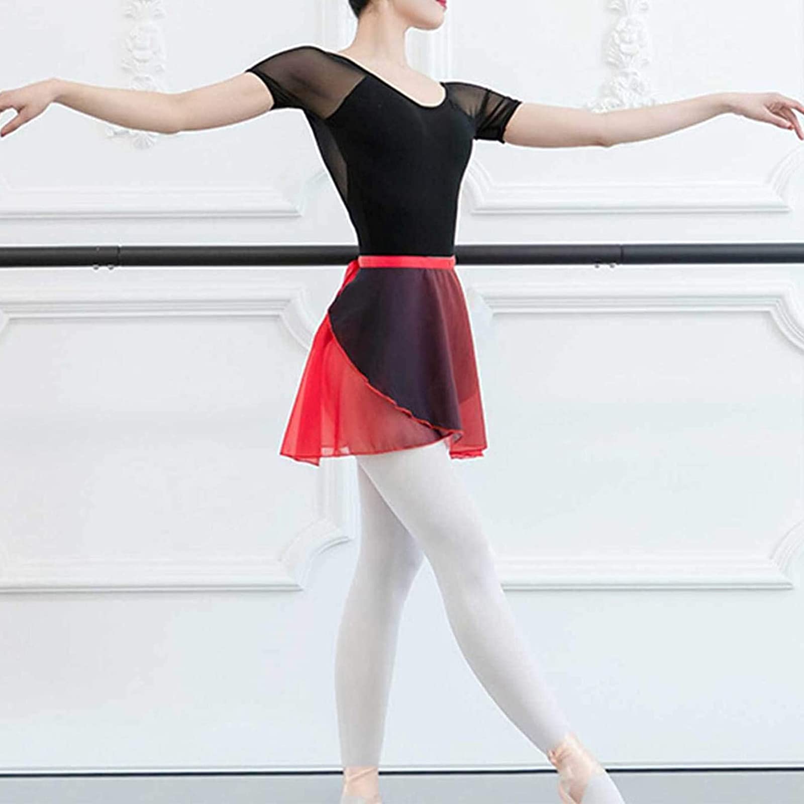 Falda de ballet de gasa gradiente para mujer, asimétrica de danza patinar sobre bufanda tutú Minifalda, Negro + rojo, Talla Única