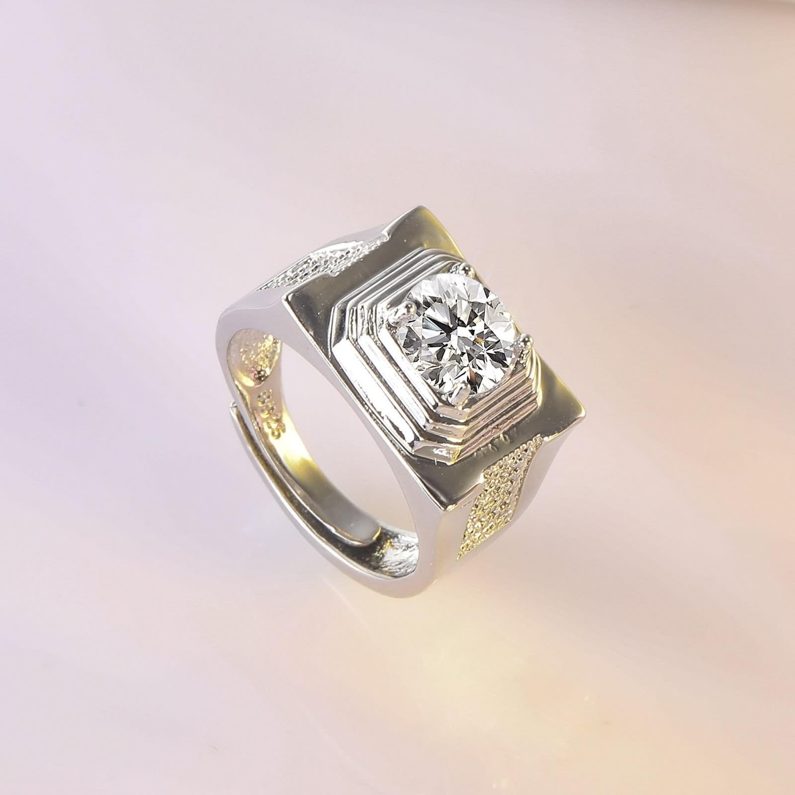 Anillos de compromiso para hombre, oro blanco de 9 quilates, 14 quilates, 18 quilates, anillo ancho de boda de 4 puntas, moissanita redonda de 2 quilates, 8 mm