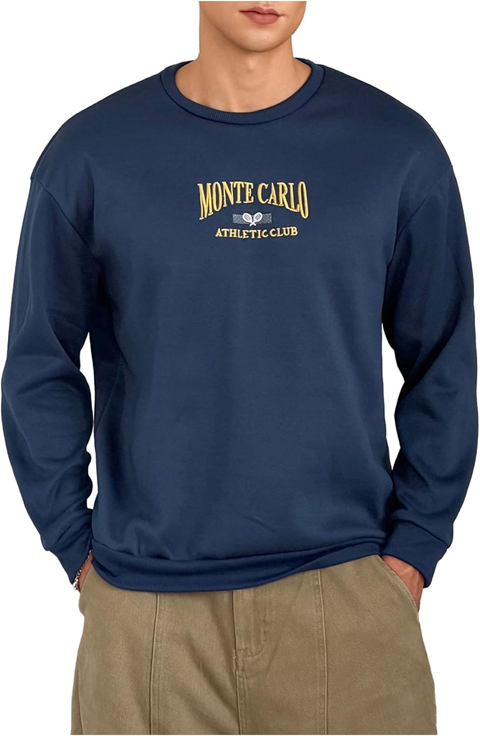 VIPWOLF Men's Letter Embroidered Oversized Sweatshirts Long Sleeve Crewneck Baggy Pullover Tops