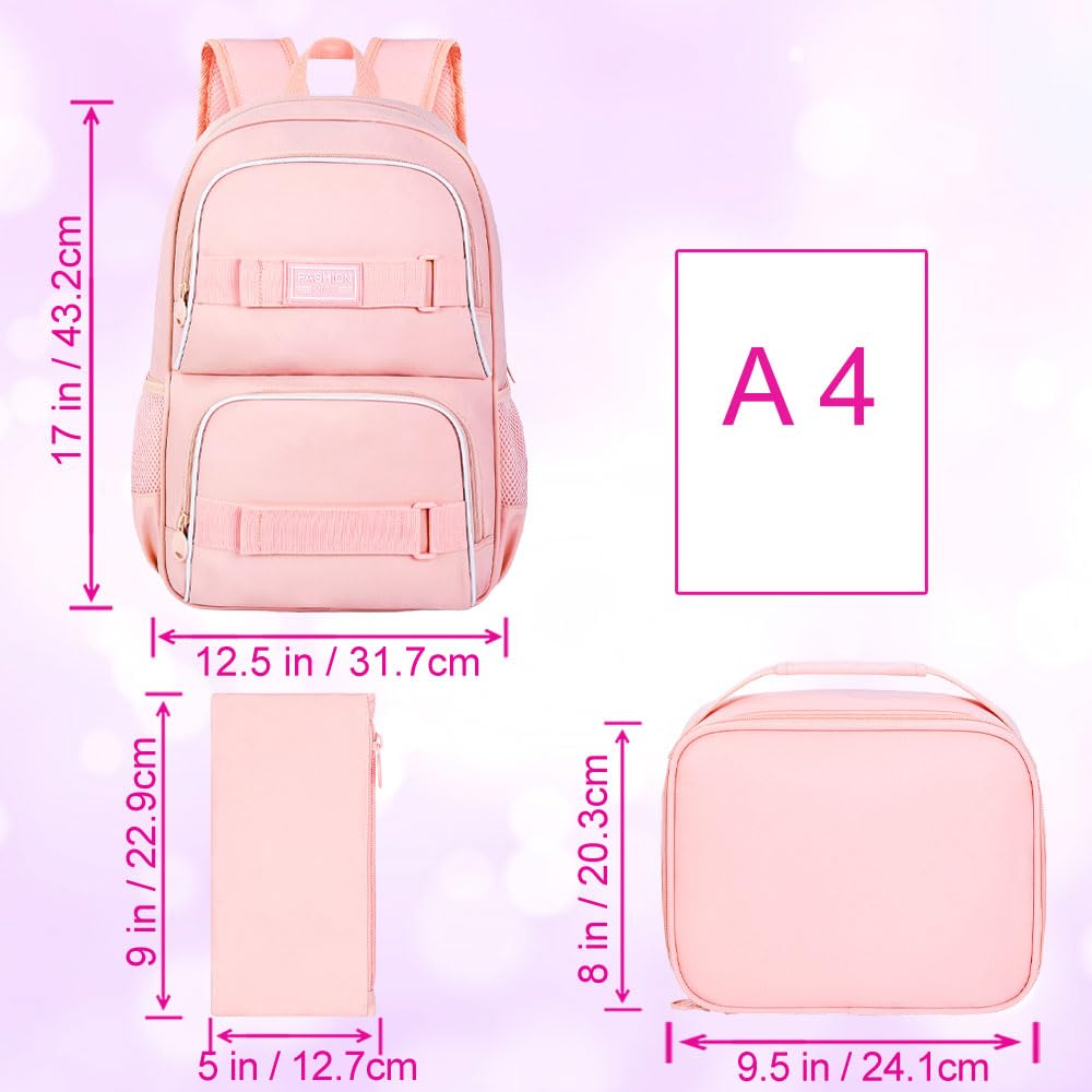3 zaini per computer portatile, 40,6 cm, per scuola, università, per adolescenti, ragazze, donne, studenti, zaini resistenti all'acqua con borsa per il pranzo (rosa), rosa classico, 43 cm, zaini da