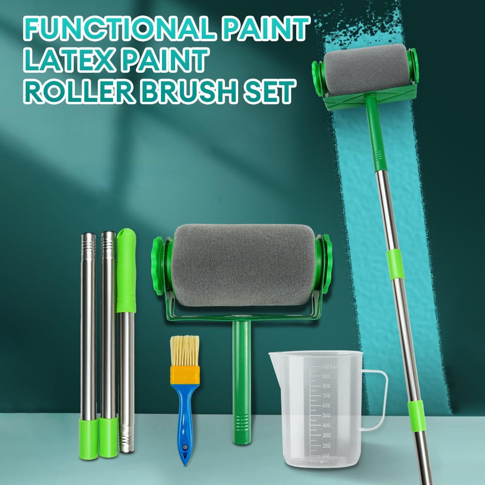 Juego de rodillos de pintura resistentes, rodillo de pintura con cepillo extensible, bandeja, rodillos, agitador, antigoteo, borde de corte limpio, kit de pintura multifuncional para paredes y techos