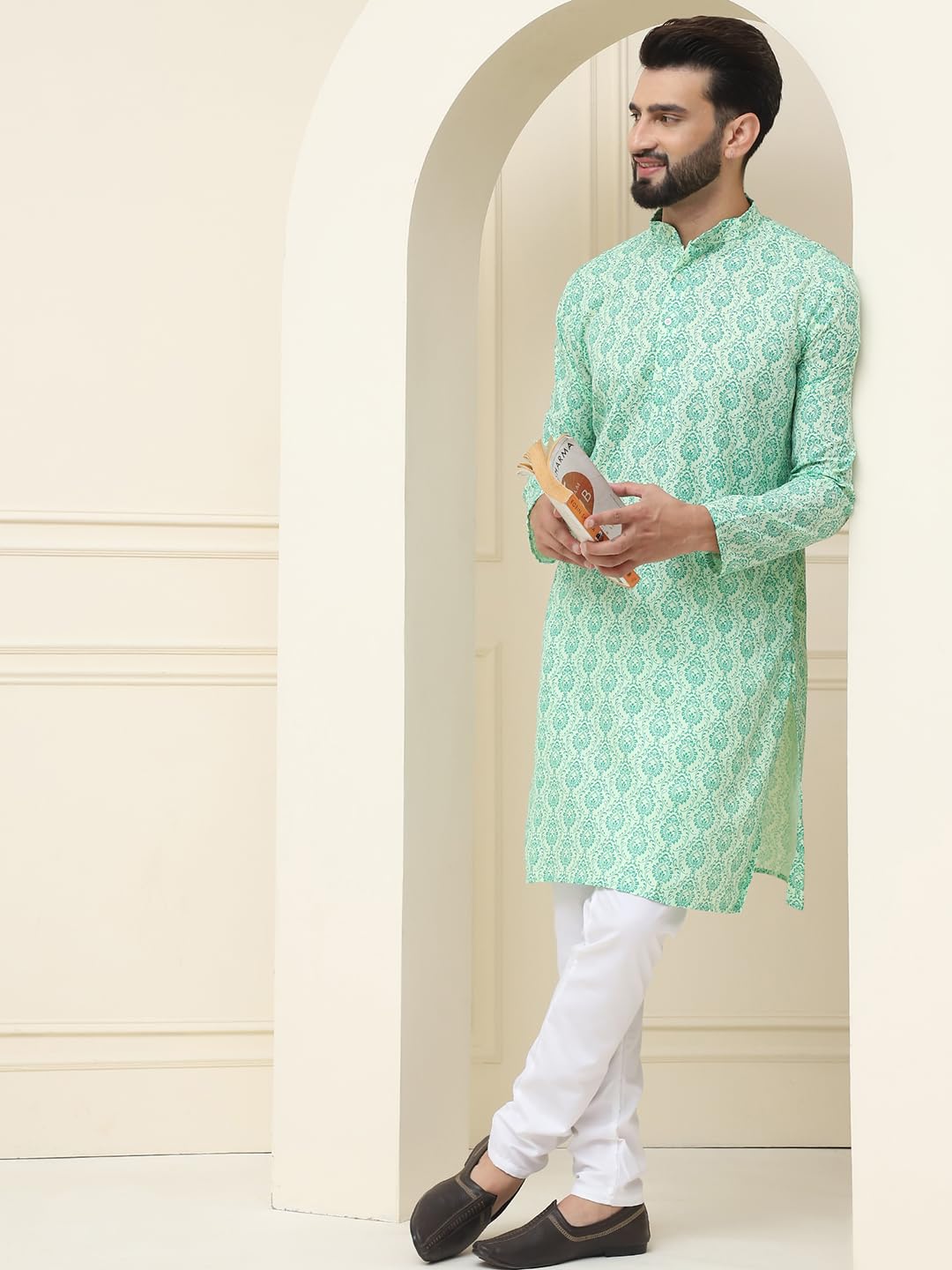 Sojanya (Since 1958 Men's Cotton Blend Pista Green Printed Kurta And White Churidar Pyjama Set