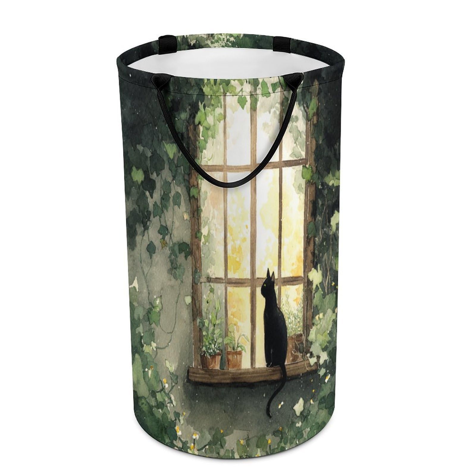 LUYYSKY Vintage Abstract Black Cat Versatile Storage Laundry Basket, Funny Realistic Botanical Cottage Animal Kitten Flowers Large Capacity Bathroom Hamper With Handle