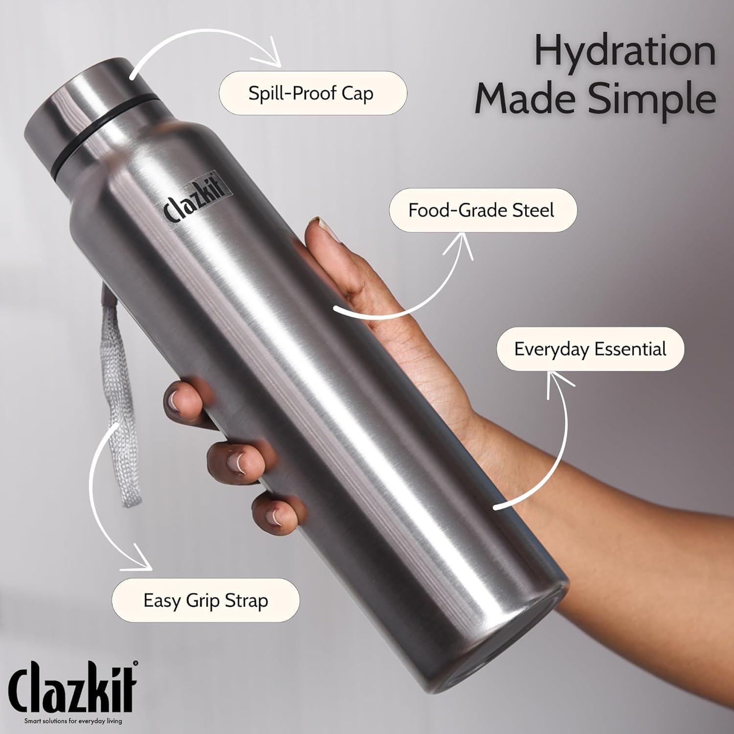 Clazkit Water Bottle Stainless Steel Sports/Fridge Bottle with Leak Proof Lid | Single Wall | For Home, Office, Gym, Travelling | Lightweight | BPA Free |Set Of 1-750ml | Silver) — Amazon image 2