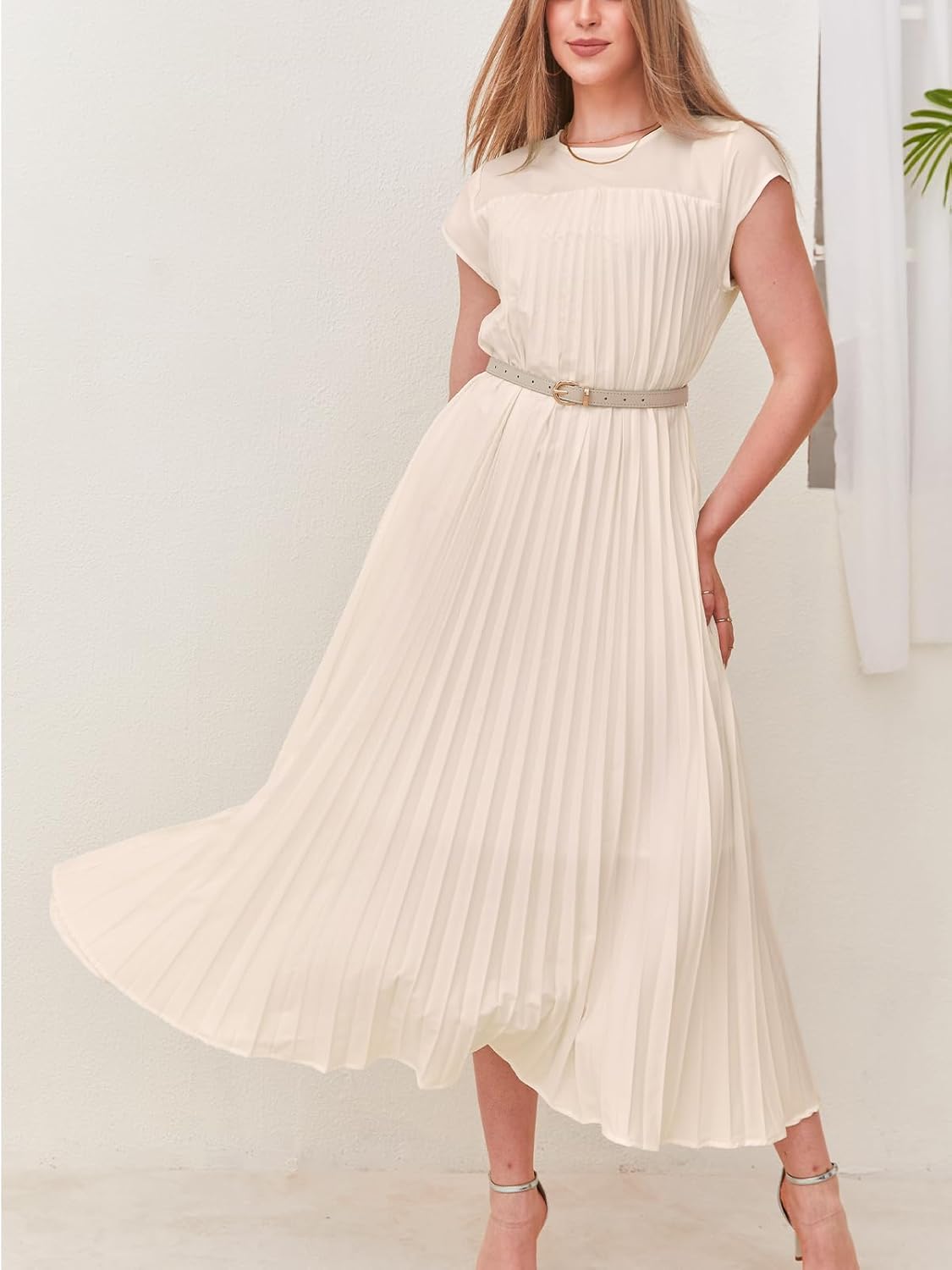 KEOMUD Women Summer Pleated Maxi Dress Casual Short Sleeve Crewneck Flowy Swing Long Dress with Pockets - Image 3