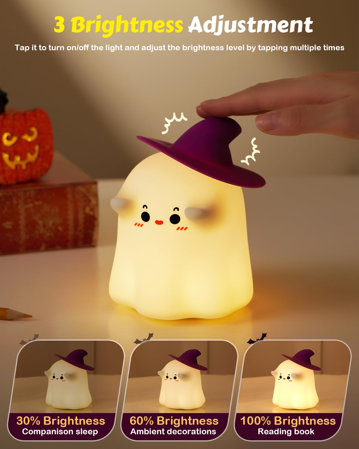 Lampe Fantôme Avec Livre - Déco Halloween Mignonne, Lumière Chaude - Pour Bureau, Étagère