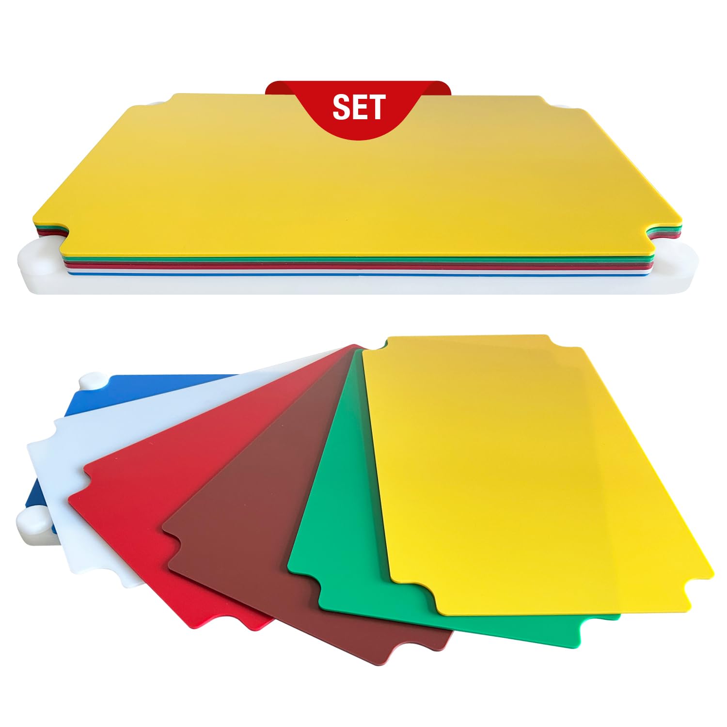 Schneider Schneidebrett Set 6 Stück HDPE Schneidebretter Set Küche Gastronomie farbcodiert Schneideunterlagen mit Halter Bodenplatte rutschfest hygienisch Messer schonend Profi Küchenzubehör