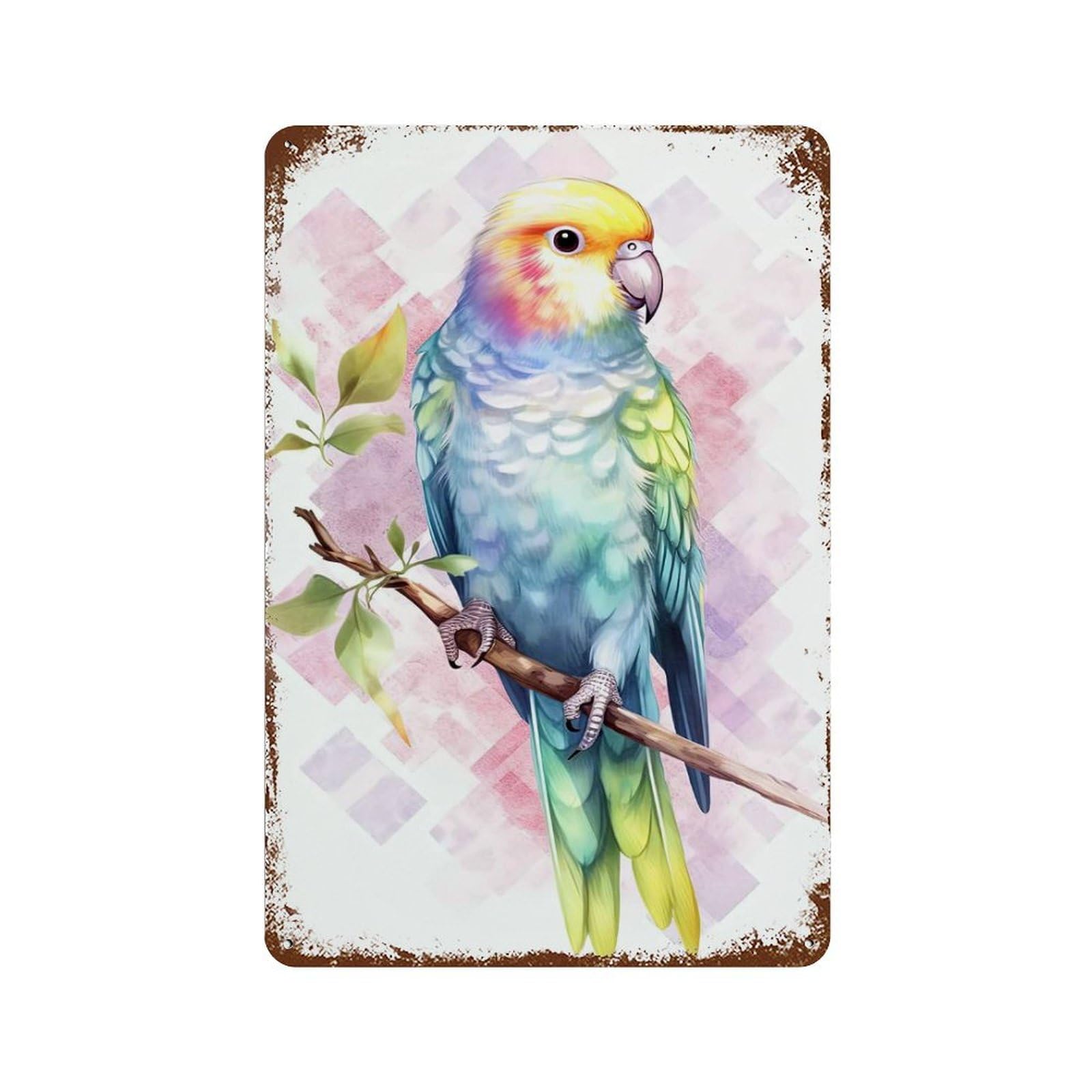 Parakeet Watercolor Bird 11.8"x7.9" Distressed Metal Wall Sign, Shabby Chic Decor for Shed, Workshop And Garage Wall Decor