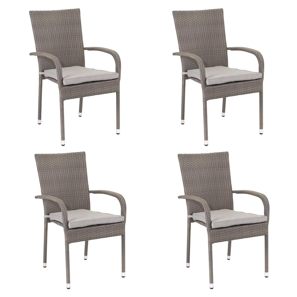 LOLAhome Pack 4 Sillas de ratán Resistente con Cojín Impermeable | Apilables, con Brazos | De ratán Gris Taupe | para Exterior, balcón, terraza y jardín | Marlene