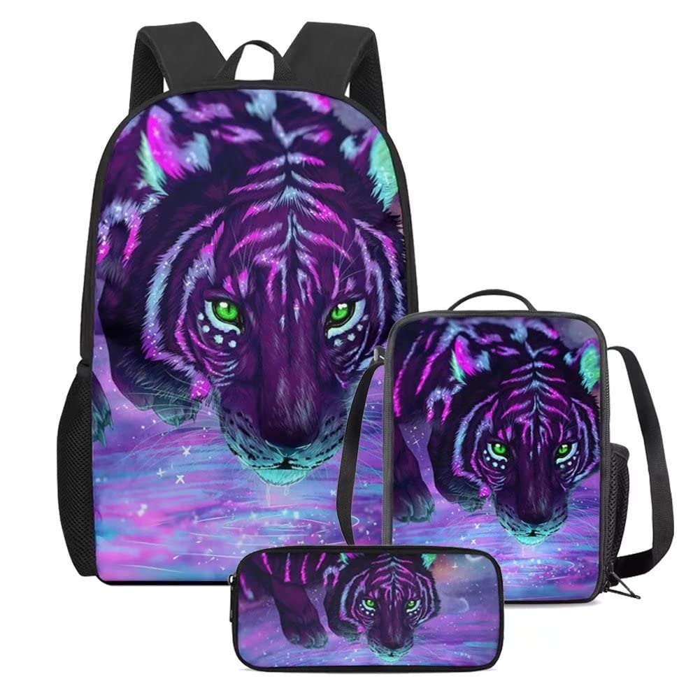 Cumagical Kids Backpack Purple Tiger Print Lightweight Daypack Set 3 Pieces with Lunch Bag Pencil Case for Kids Girls Boys