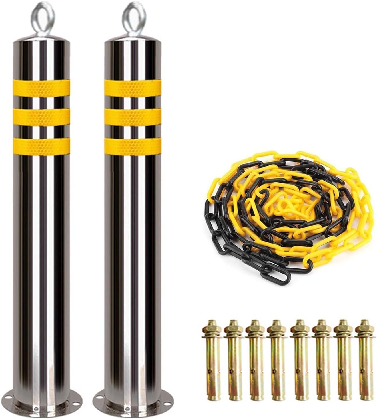 CWCQGH Heavy Duty Stainless Steel Parking Barrier Post Set with Chain and Reflective Strip for Driveway Safety (76x800MM)