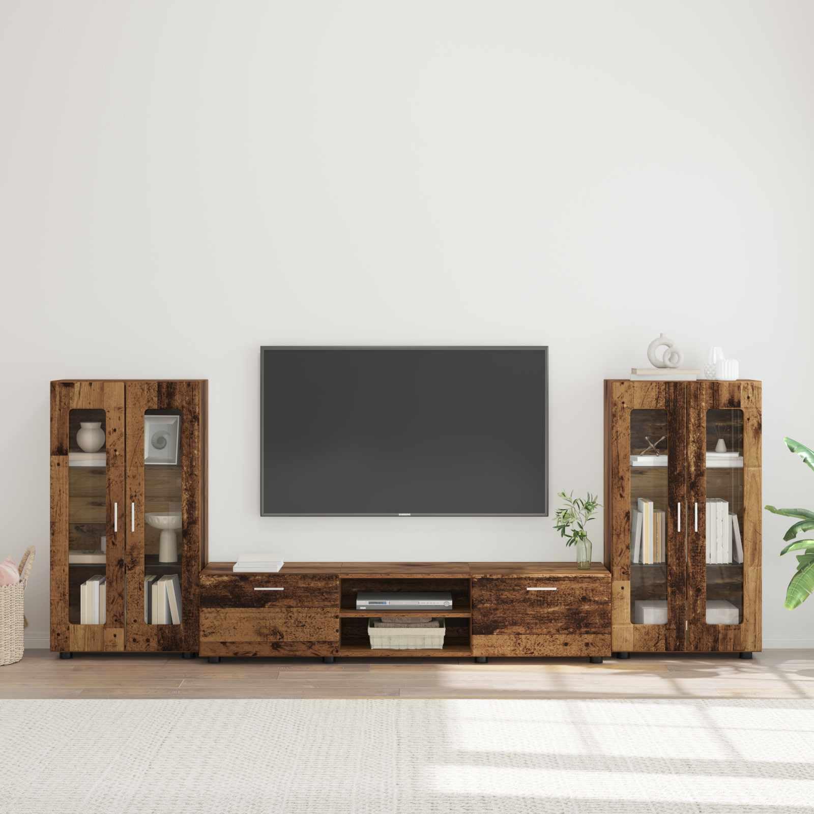 Florin, set di mobili per TV, 3 pezzi, in legno anticato, con ampio spazio di archiviazione, credenza e mobile basso per soggiorno, set di mobili moderni e portaoggetti funzionali