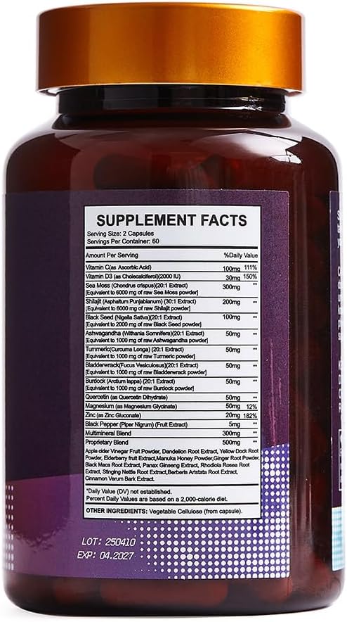 25-in-1 Sea Moss Capsules – Irish Sea Moss Black Seed Oil Ashwagandha Shilajit Ginger Turmeric Vitamin C & D3 Immune Gut, Energy Support – 120 Vegan Capsules - Image 8