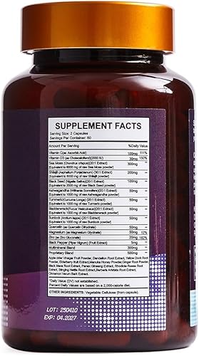 Miniatura 8 de Cápsulas de musgo marino 25 en 1  Aceite de semilla negra de musgo marino irlandés, Ashwagandha Shilajit, jengibre y cúrcuma, vitamina C y D3