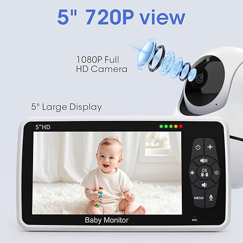 Miniatura 3 de Babystar Monitor de bebé con cámara y audio, resolución HD 720P pantalla de 5 pulgadas, batería de hasta 22 horas, zoom panorámico remoto, sin WiFi,