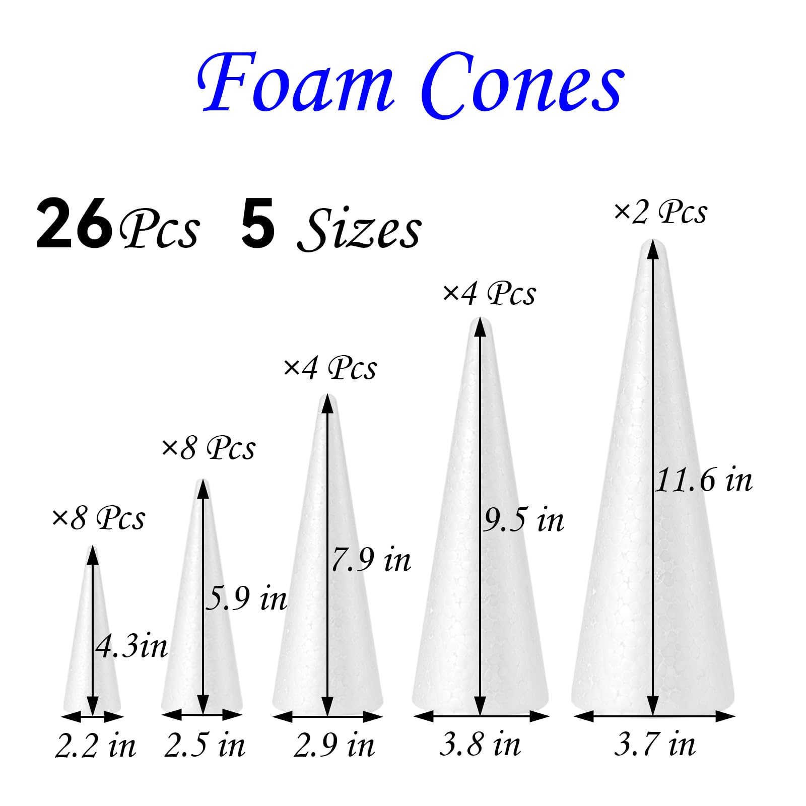 YURN Craft 26 Pack Foam Cones for Crafts, Foam Trees Cones, 5 Assorted Sizes Cones Shaped Foam (4,6,8,10,12